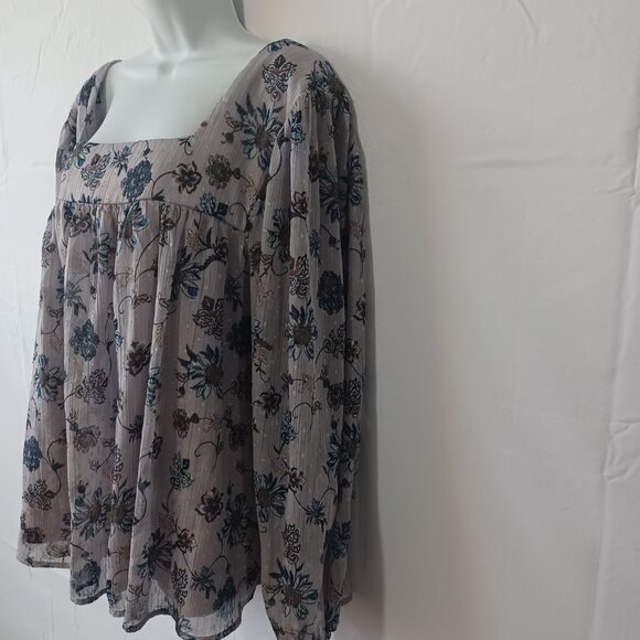 Ophelia Roe top gray long sleeve sheer square neck smock trave casual work sz 3X - Picture 3 of 5